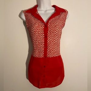 Red & off white shear sleeveless blouse